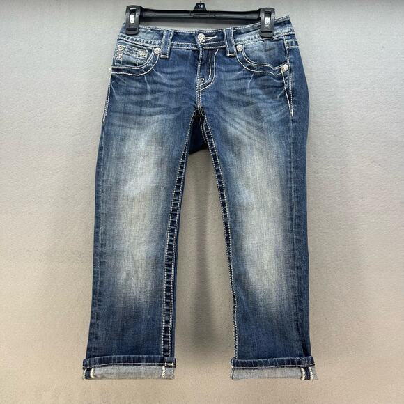 Miss Me Jeans Women's 25 (0) Dark Blue Signature Cuffed Capri Zipper Moto - Picture 9 of 14